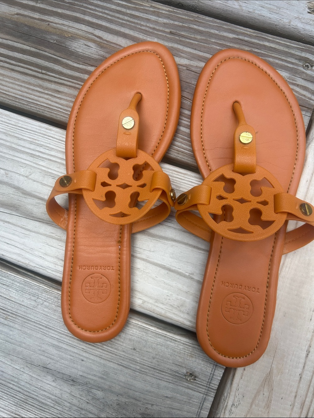 Tory Burch Miller Jelly Sandals Orange Brown Persimmon Leather Footbed Size 9